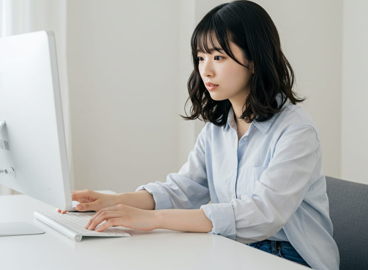 白いデスクに座ってパソコン作業をする女性